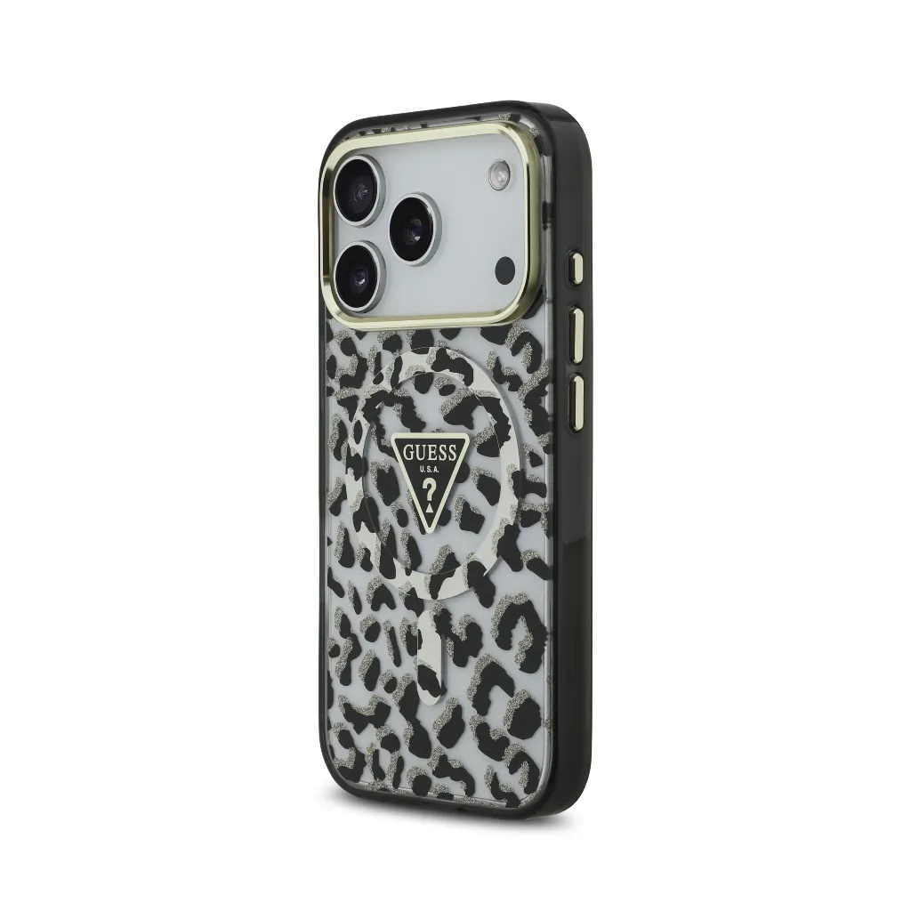 Guess maska MagSafe Leopard Glitter Triangle Logo
