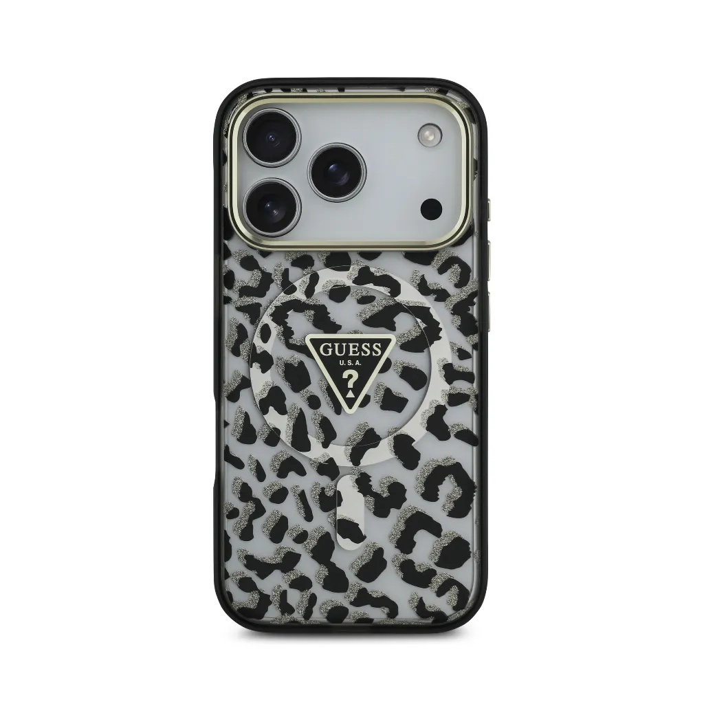 Guess maska MagSafe Leopard Glitter Triangle Logo