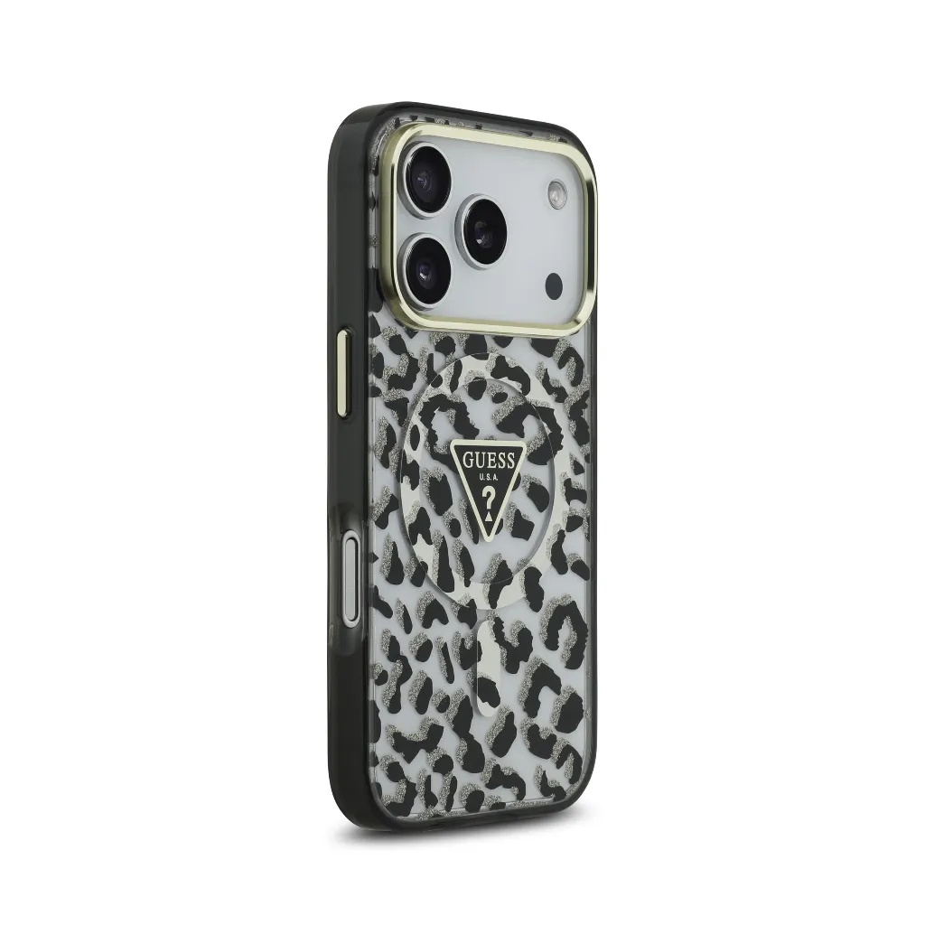 Guess maska MagSafe Leopard Glitter Triangle Logo