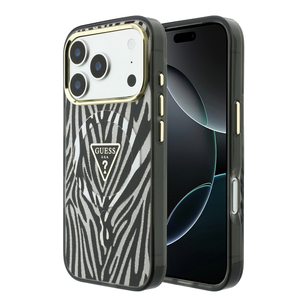 Guess maska MagSafe Zebra Glitter Triangle Logo