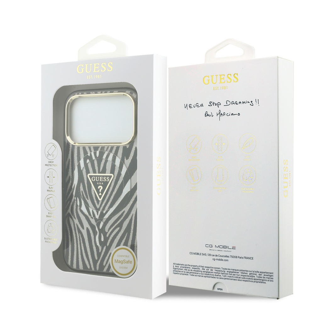 Guess maska MagSafe Zebra Glitter Triangle Logo