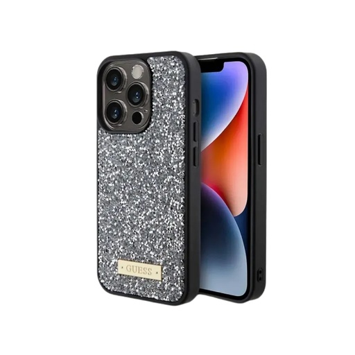 Guess Phone Case Metal Logo Rhinestone (iPhone 15 Plus, black)