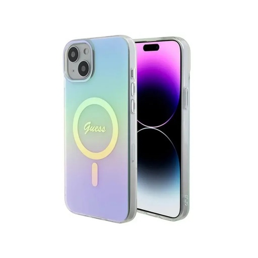 Guess maska MagSafe Script Iridescent (iPhone 15 Plus, plavo)