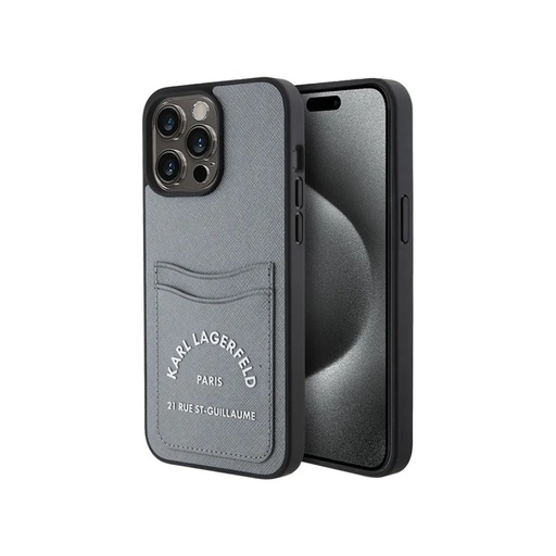 Karl Lagerfeld maska Saffiano Cardslots RSG 3D Logo (iPhone 15 Plus, sivo)