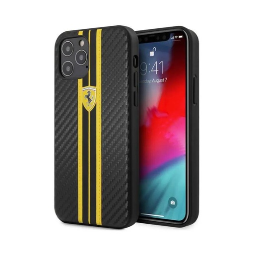 Ferrari maska Carbon Effect Yellow Stripes (iPhone 12 Pro Max, crno)