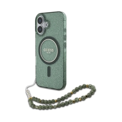 Guess maska MagSafe Glitter Beads Strap (iPhone 16, zeleno)