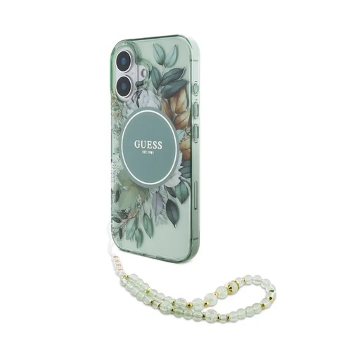 Guess maska MagSafe Flowers Beads Strap (iPhone 16 Plus, zeleno)