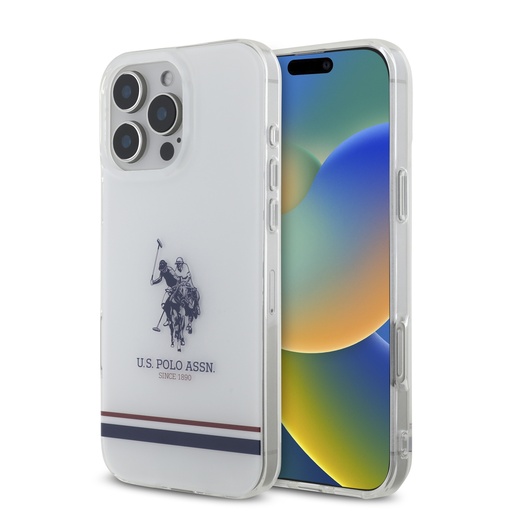 U.S. Polo Assn. Phone Case Tricolour Stripes Double Horse (iPhone 16, transparent)