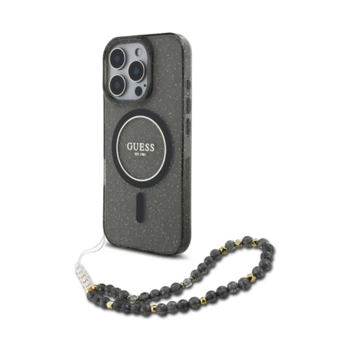 Guess maska MagSafe Glitter Beads Strap (iPhone 16 Pro, crno)
