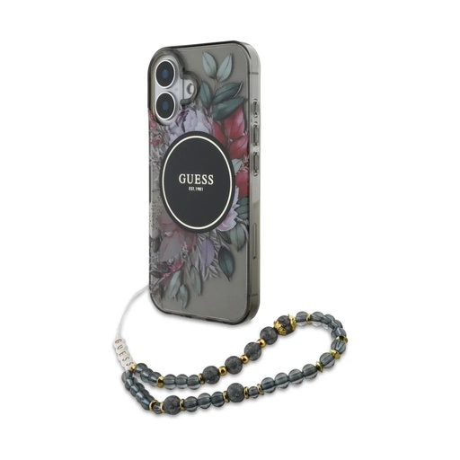 Guess Phone Case MagSafe Flowers Beads Strap (iPhone 16 Pro, black)