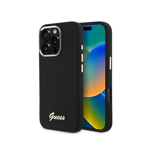 Guess Phone Case Script Logo Camera Frame Liquid (iPhone 16, black)