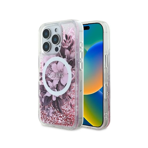Guess maska MagSafe Flowers Liquid Glitter (iPhone 16, ružičasto)
