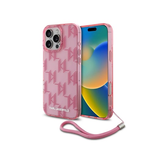 Karl Lagerfeld Phone Case Gradient KL Pattern Wrist Cord (iPhone 16 Pro Max, pink)