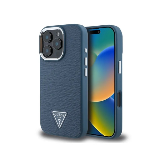 Guess Phone Case MagSafe Grained Triangle Logo (iPhone 16 Pro, blue)