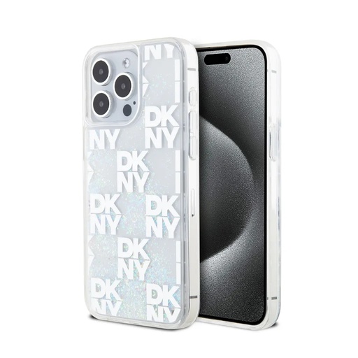 DKNY Phone Case Liquid Glitter Checkered Pattern (iPhone 16 Pro, white)