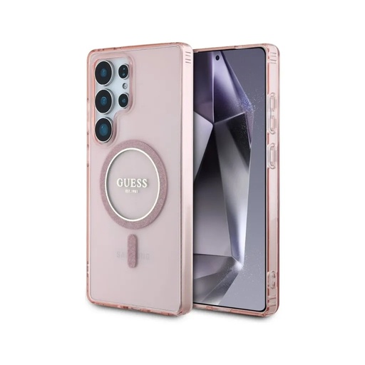 Guess maska MagSafe Glitter Ring Classic Logo (Samsung S25, ružičasto)