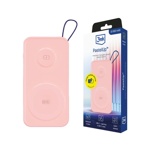 3mk power bank PastelUp 10000mAh USB 1A1C (ružičasto, 10000 mAh)