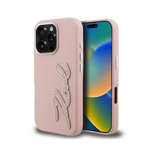Karl Lagerfeld Phone Case Grained Resin Signature Logo (iPhone 16 Pro, pink)