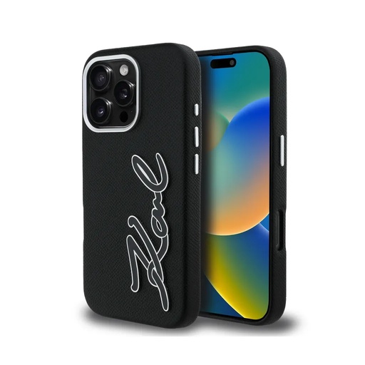 Karl Lagerfeld maska Grained Resin Signature Logo (iPhone 16 Pro Max, crno)