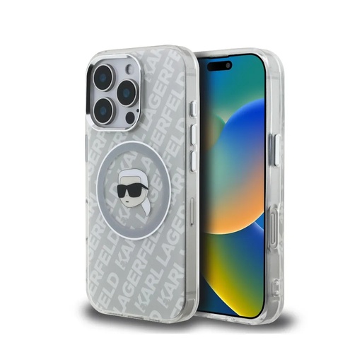 Karl Lagerfeld maska Head Glitter Logo MagSafe (iPhone 16 Pro Max, sivo)