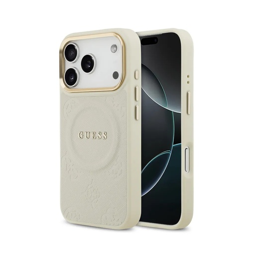 Guess maska MagSafe Hot Stamp Peony Pattern Camera Frame (iPhone 17 Pro, bež)