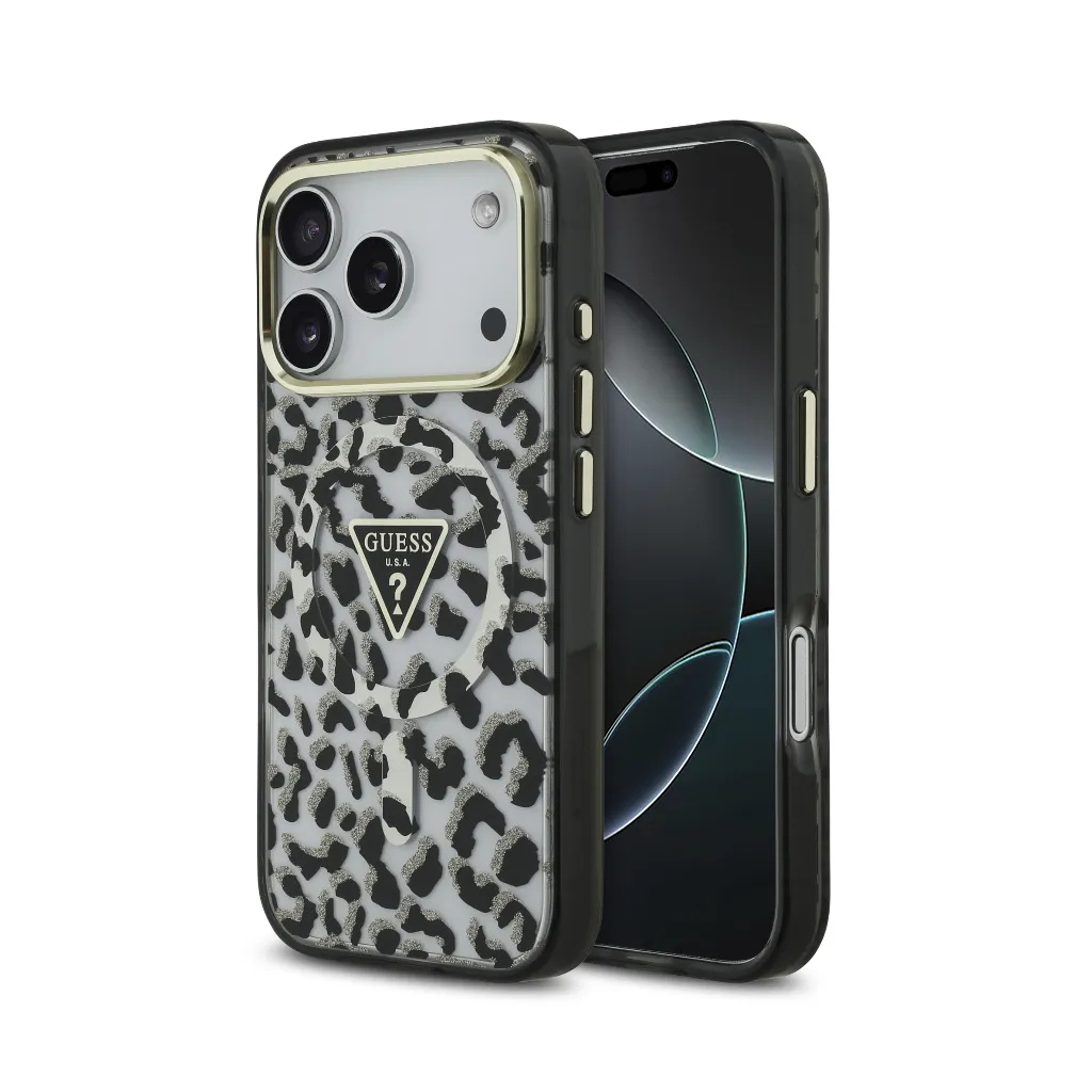 Guess maska MagSafe Leopard Glitter Triangle Logo