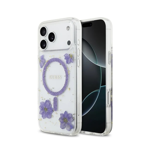 Guess maska MagSafe Resin Flowers & Glitter (iPhone 17 Pro, ljubičasto)