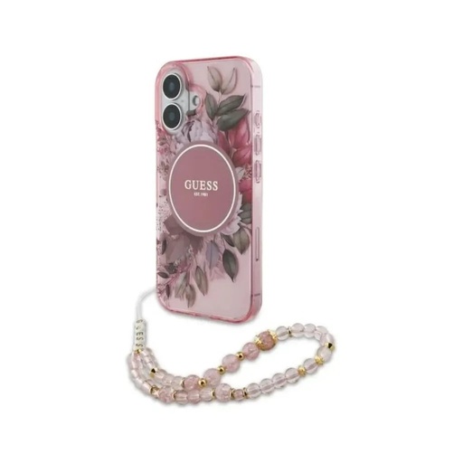 Guess maska MagSafe Electroplated Flowers Beads Strap (iPhone 17 Pro Max, ružičasto)