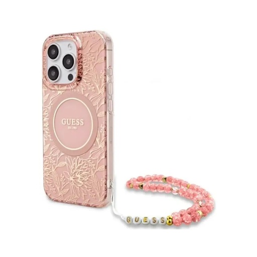 Guess maska MagSafe Electroplated Flowers Beads Strap (iPhone 17 Pro Max, ružičasto)