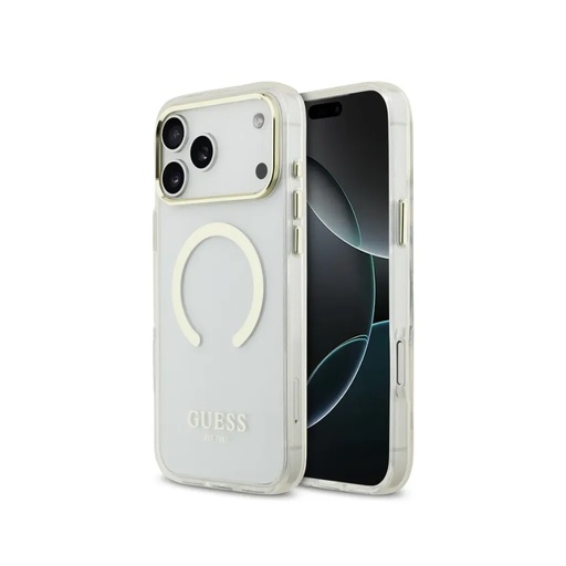 Guess maska MagSafe Gold Outline & Logo (iPhone 17 Pro, prozirno)